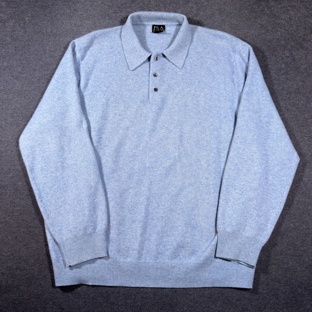 Jos A Bank Sweater Mens Large Blue 100% Cashmere Long Sleeve Polo Pullover